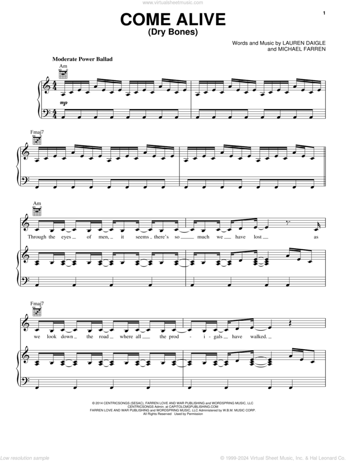 Come Alive (Dry Bones) sheet music for voice, piano or guitar by Michael Farren and Lauren Daigle, intermediate skill level