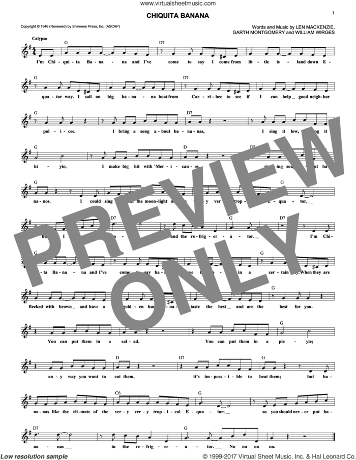 Chiquita Banana sheet music for voice and other instruments (fake book) by Len Mackenzie, Garth Montgomery and William Wirges, intermediate skill level