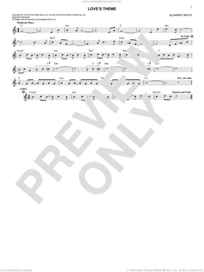 Love's Theme sheet music for voice and other instruments (fake book) by Love Unlimited Orchestra and Barry White, intermediate skill level