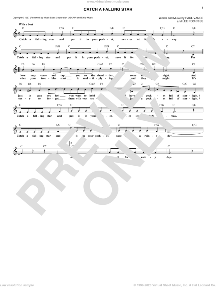 Catch A Falling Star sheet music for voice and other instruments (fake book) by Perry Como, Lee Pockriss and Paul Vance, intermediate skill level