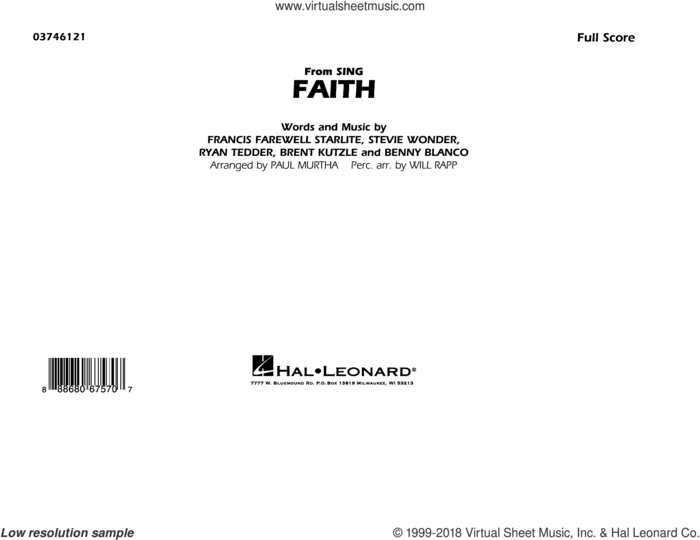 Faith (from Sing) (COMPLETE) sheet music for marching band by Paul Murtha, Benjamin Levin, Brent Kutzle, Francis Starlite, Ryan Tedder, Stevie Wonder and Stevie Wonder feat. Ariana Grande, intermediate skill level