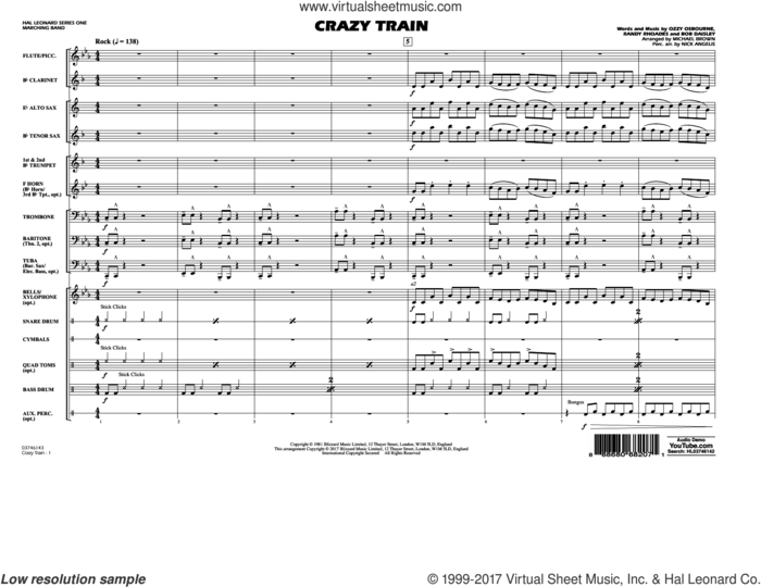 Crazy Train (COMPLETE) sheet music for marching band by Michael Brown, Bob Daisley, Ozzy Osbourne and Randy Rhoads, intermediate skill level