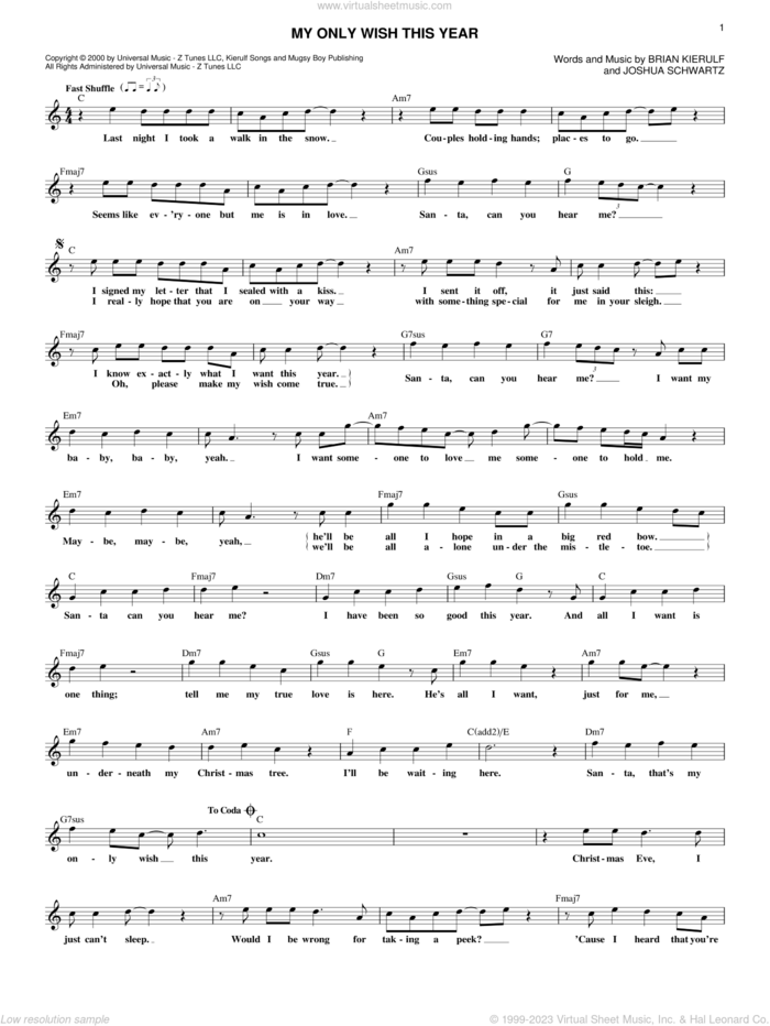 My Only Wish This Year sheet music for voice and other instruments (fake book) by Britney Spears, Brian Kierulf and Joshua Schwartz, intermediate skill level