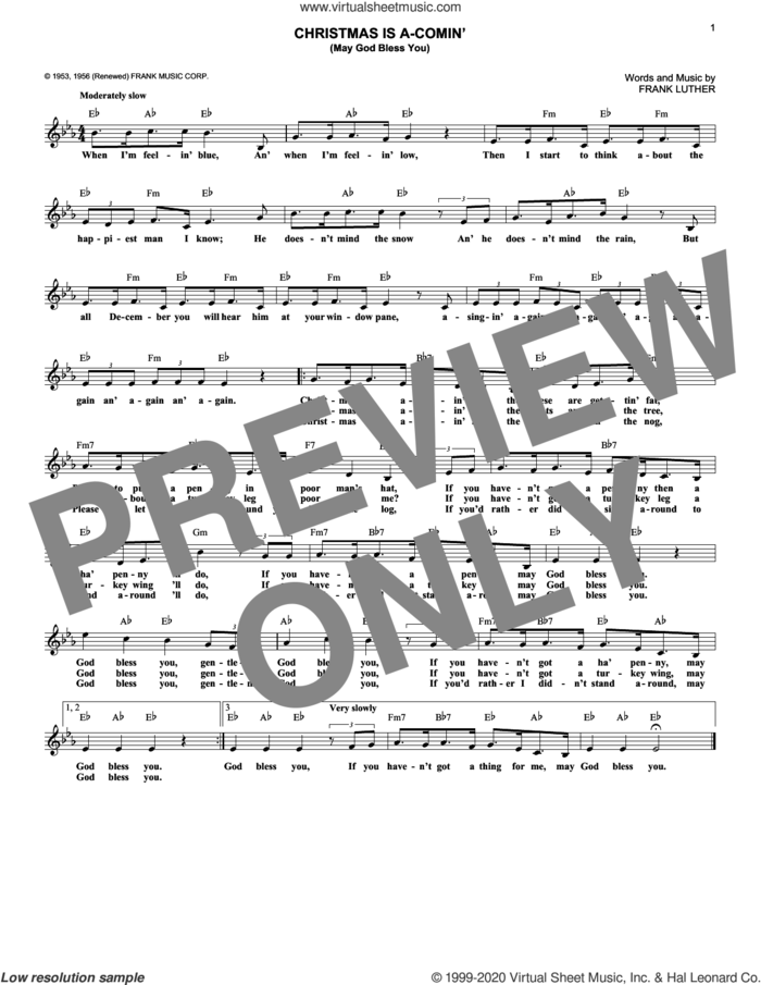 Christmas Is A-Comin' (May God Bless You) sheet music for voice and other instruments (fake book) by Frank Luther, intermediate skill level