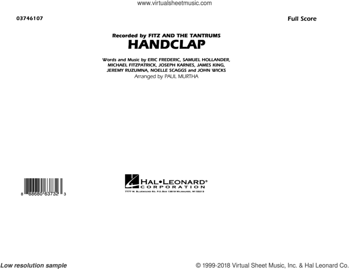 HandClap (COMPLETE) sheet music for marching band by Paul Murtha, Eric Frederic, Fitz And The Tantrums, James King, Jeremy Ruzumna, John Wicks, Joseph Karnes, Michael Fitzpatrick, Noelle Scaggs and Sam Hollander, intermediate skill level