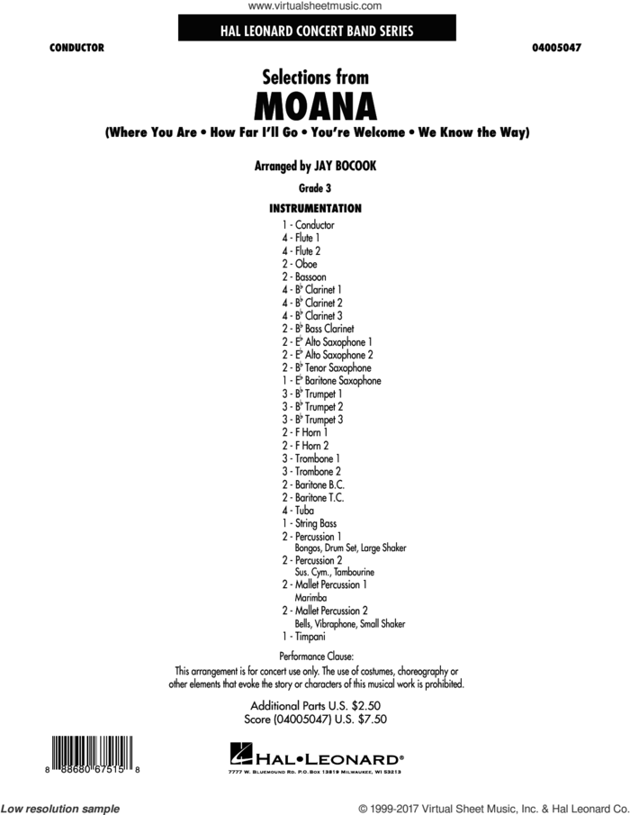 Selections from Moana (COMPLETE) sheet music for concert band by Lin-Manuel Miranda, Jay Bocook and Mark Mancina, intermediate skill level