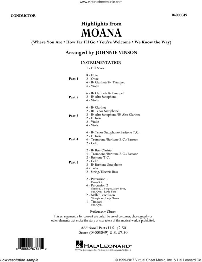 Highlights from Moana (COMPLETE) sheet music for concert band by Johnnie Vinson, intermediate skill level