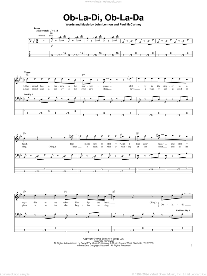 Ob-La-Di, Ob-La-Da sheet music for bass (tablature) (bass guitar) by The Beatles, John Lennon and Paul McCartney, intermediate skill level