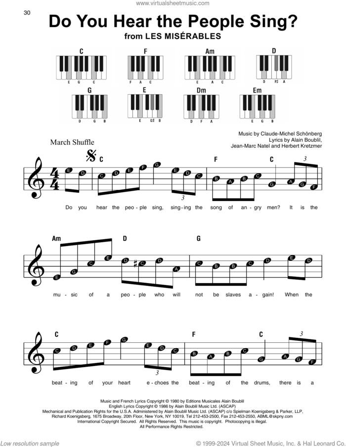 Do You Hear The People Sing? sheet music for piano solo by Alain Boublil, Claude-Michel Schonberg, Claude-Michel Schonberg, Herbert Kretzmer and Jean-Marc Natel, beginner skill level