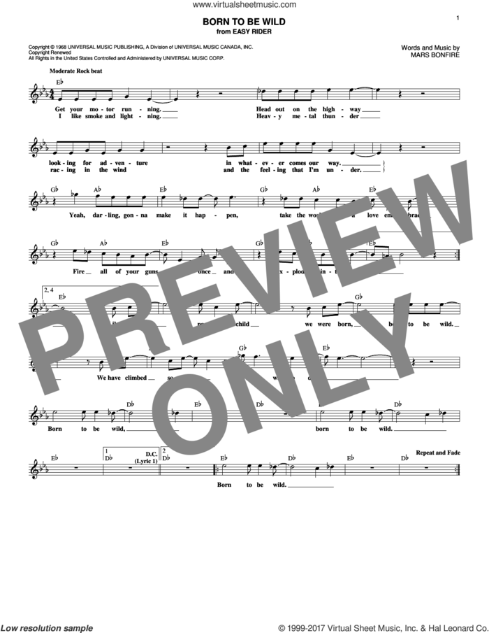 Born To Be Wild sheet music for voice and other instruments (fake book) by Steppenwolf and Mars Bonfire, intermediate skill level