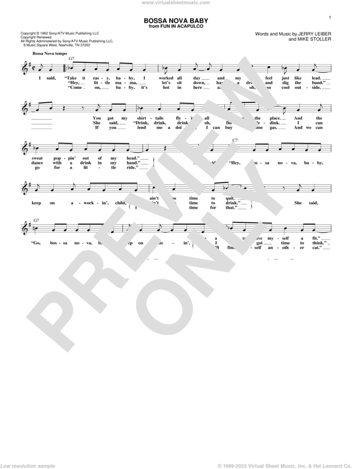Bossa Nova Baby sheet music for voice and other instruments (fake book) by Elvis Presley, Jerry Leiber and Mike Stoller, intermediate skill level