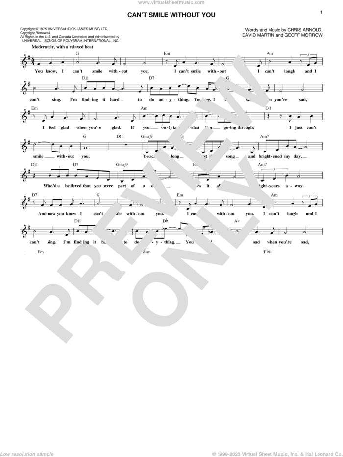 Can't Smile Without You sheet music for voice and other instruments (fake book) by Barry Manilow, Chris Arnold, David Martin and Geoff Morrow, wedding score, intermediate skill level