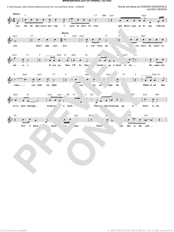 Breaking Up Is Hard To Do sheet music for voice and other instruments (fake book) by Neil Sedaka, Partridge Family and Howard Greenfield, intermediate skill level
