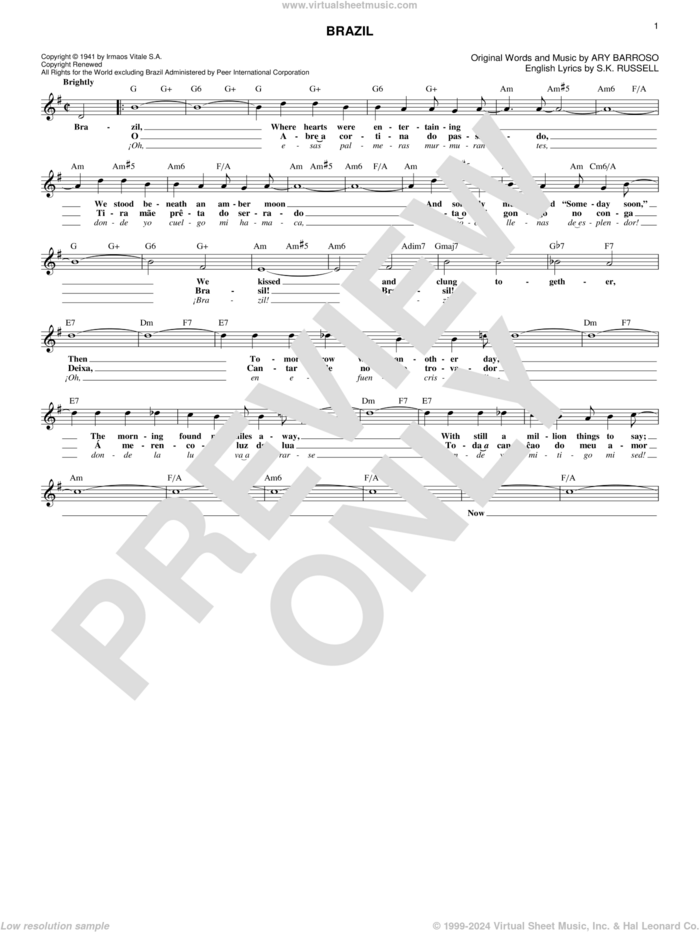 Brazil sheet music for voice and other instruments (fake book) by The Ritchie Family, Ary Barroso and S.K. Russell, intermediate skill level