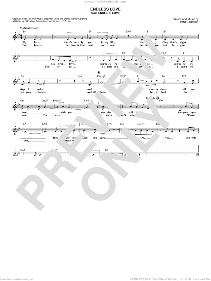 Endless Love sheet music for voice and other instruments (fake book) by Diana Ross & Lionel Richie and Lionel Richie, wedding score, intermediate skill level
