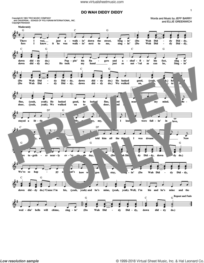 Do Wah Diddy Diddy sheet music for voice and other instruments (fake book) by Manfred Mann, Ellie Greenwich and Jeff Barry, intermediate skill level