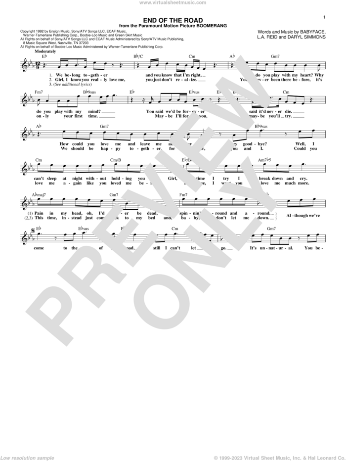 End Of The Road sheet music for voice and other instruments (fake book) by Boyz II Men, Babyface, Daryl Simmons and L.A. Reid, intermediate skill level