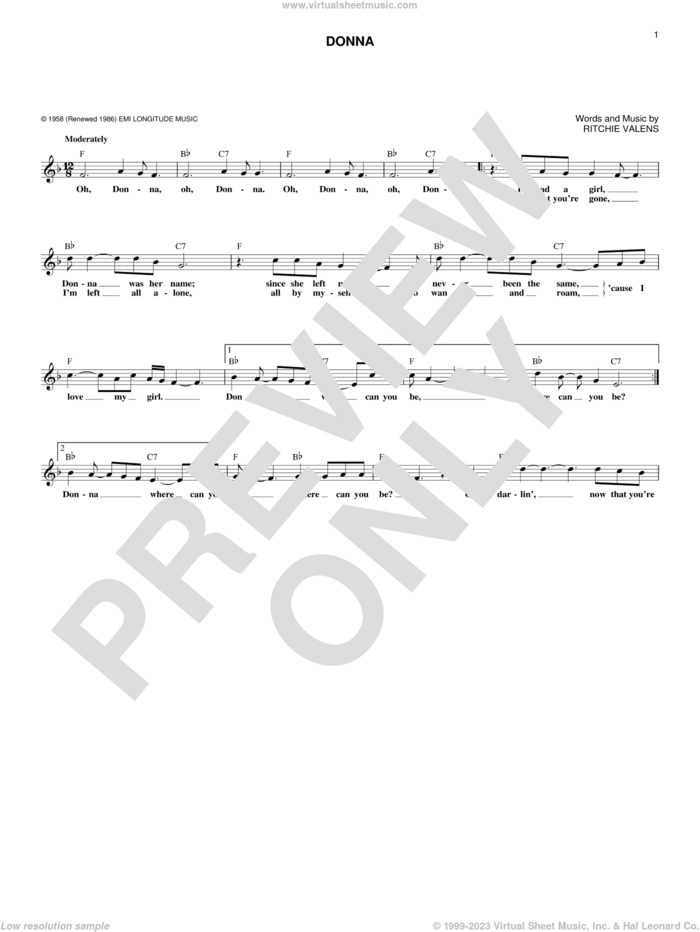 Donna sheet music for voice and other instruments (fake book) by Ritchie Valens, intermediate skill level