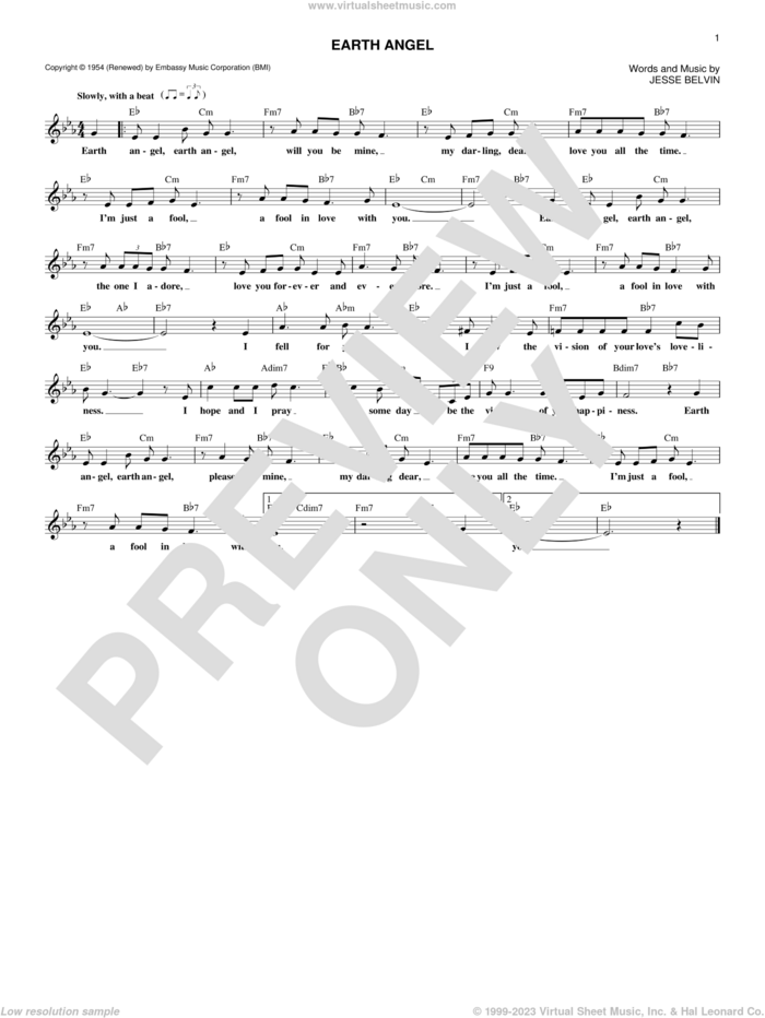 Earth Angel sheet music for voice and other instruments (fake book) by The Penguins, Crew-Cuts, Miscellaneous and Jesse Belvin, intermediate skill level