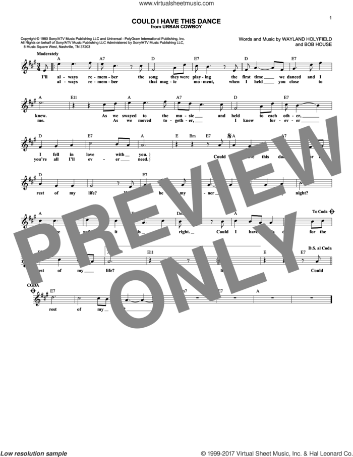 Could I Have This Dance sheet music for voice and other instruments (fake book) by Anne Murray, Bob House and Wayland Holyfield, wedding score, intermediate skill level