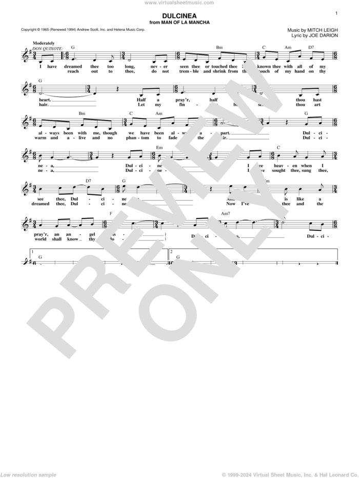 Dulcinea sheet music for voice and other instruments (fake book) by Mitch Leigh and Joe Darion, intermediate skill level