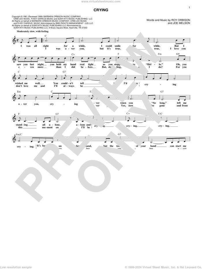 Crying sheet music for voice and other instruments (fake book) by Roy Orbison, Don McLean, Jay & The Americans and Joe Melson, intermediate skill level
