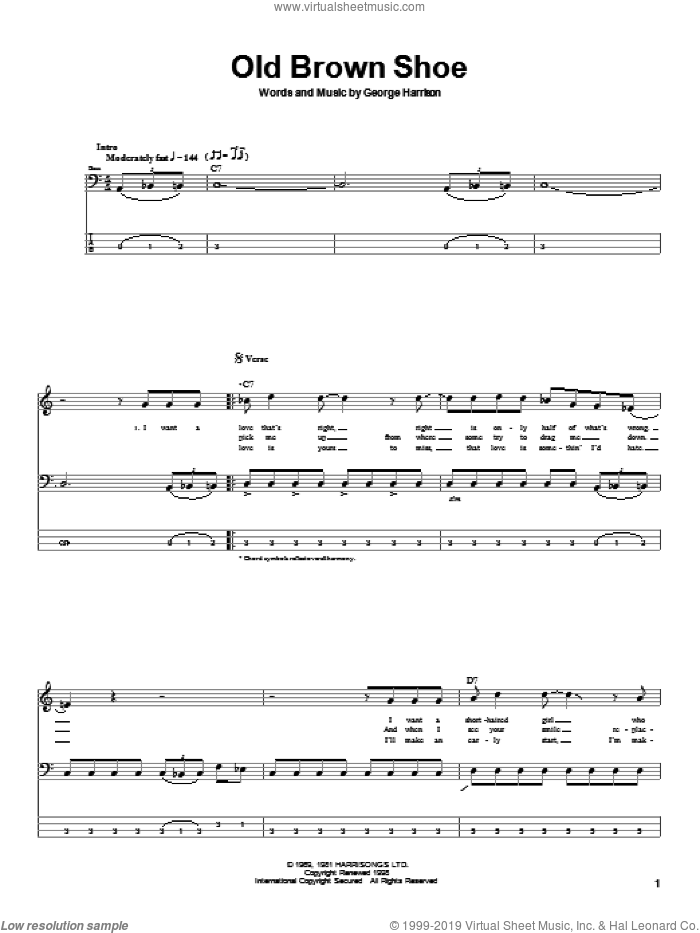 Old Brown Shoe sheet music for bass (tablature) (bass guitar) by The Beatles and George Harrison, intermediate skill level