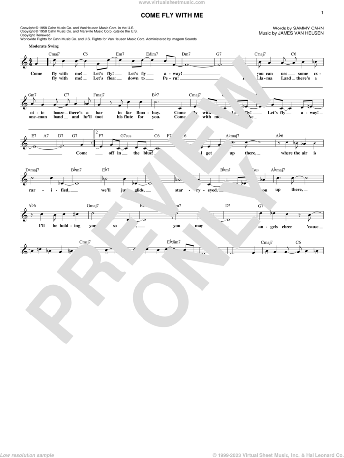 Come Fly With Me sheet music for voice and other instruments (fake book) by Sammy Cahn and Jimmy van Heusen, wedding score, intermediate skill level