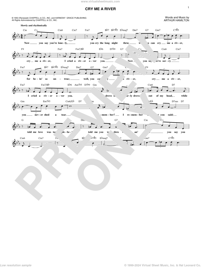 Cry Me A River sheet music for voice and other instruments (fake book) by Arthur Hamilton, Janice Harper, Joe Cocker and Julie London, intermediate skill level