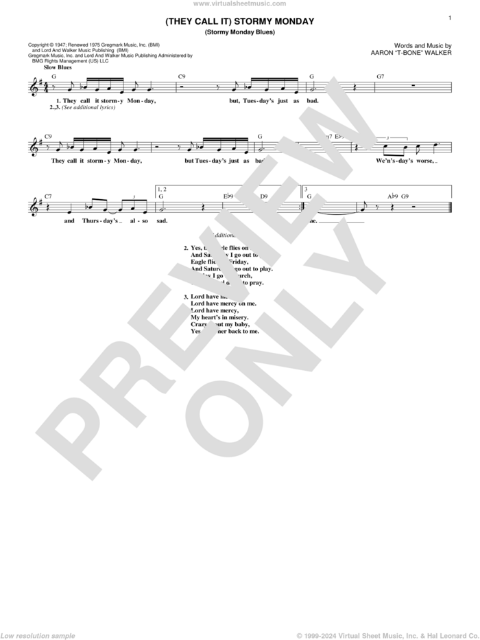 (They Call It) Stormy Monday (Stormy Monday Blues) sheet music for voice and other instruments (fake book) by Aaron 'T-Bone' Walker, intermediate skill level