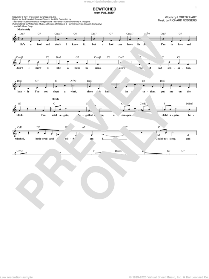 Bewitched (from Pal Joey) sheet music for voice and other instruments (fake book) by Rodgers & Hart, Betty Smith Group, Lorenz Hart and Richard Rodgers, intermediate skill level