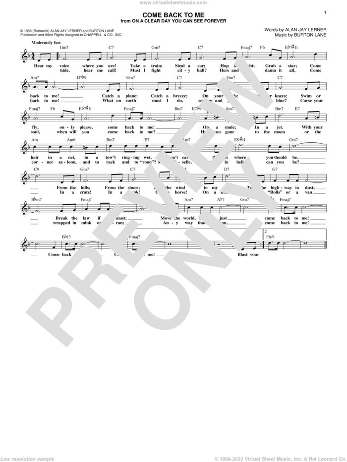 Come Back To Me sheet music for voice and other instruments (fake book) by Alan Jay Lerner, Shirley Horn and Burton Lane, intermediate skill level