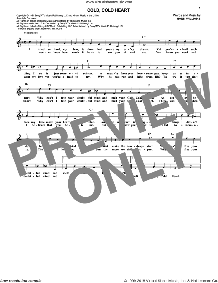 Cold, Cold Heart sheet music for voice and other instruments (fake book) by Hank Williams, intermediate skill level