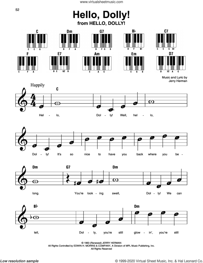 Hello, Dolly! sheet music for piano solo by Louis Armstrong and Jerry Herman, beginner skill level
