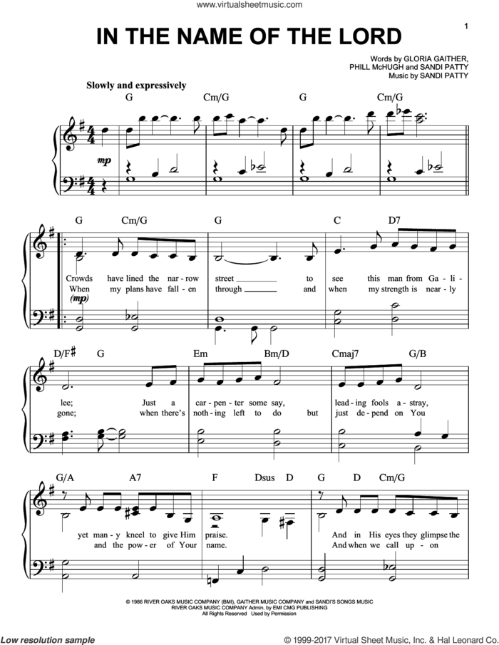 In The Name Of The Lord, (easy) sheet music for piano solo by Sandi Patty, Gloria Gaither and Phill McHugh, easy skill level