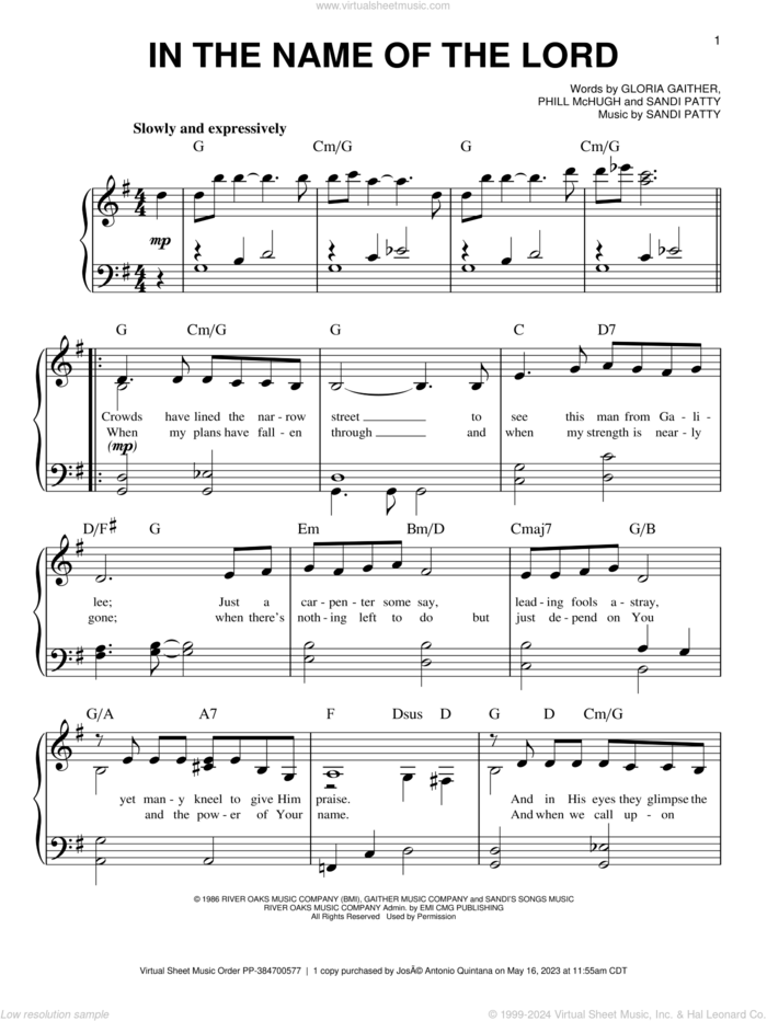 In The Name Of The Lord, (easy) sheet music for piano solo by Sandi Patty, Gloria Gaither and Phill McHugh, easy skill level