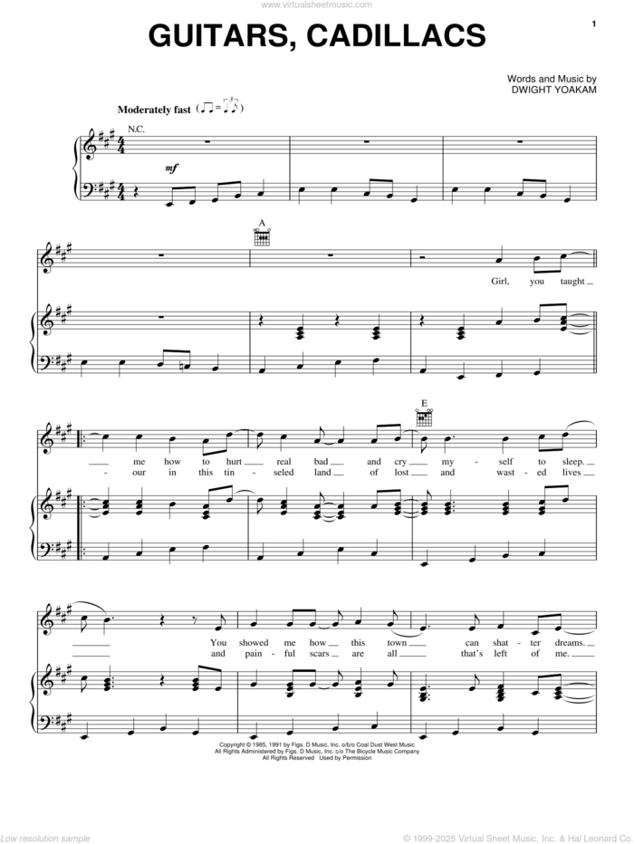 Guitars, Cadillacs sheet music for voice, piano or guitar by Dwight Yoakam, intermediate skill level