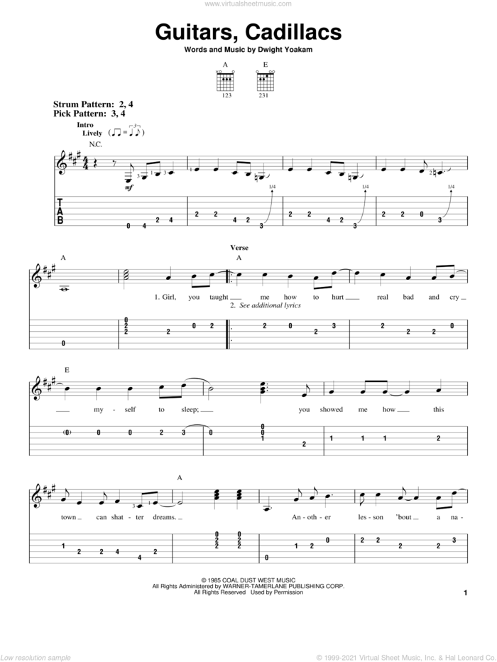 Guitars, Cadillacs sheet music for guitar solo (easy tablature) by Dwight Yoakam, easy guitar (easy tablature)