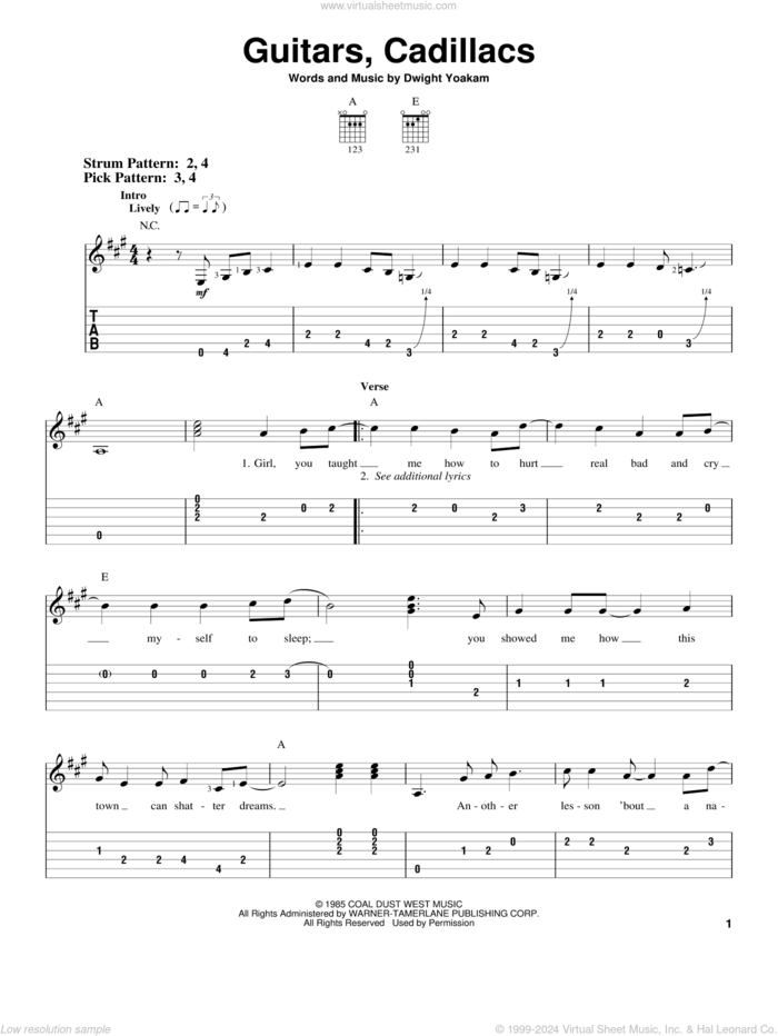 Guitars, Cadillacs sheet music for guitar solo (easy tablature) by Dwight Yoakam, easy guitar (easy tablature)