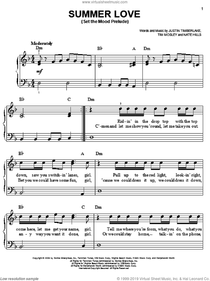 Summer Love (Set The Mood Prelude) sheet music for piano solo by Justin Timberlake, Nate Hills and Tim Mosley, easy skill level