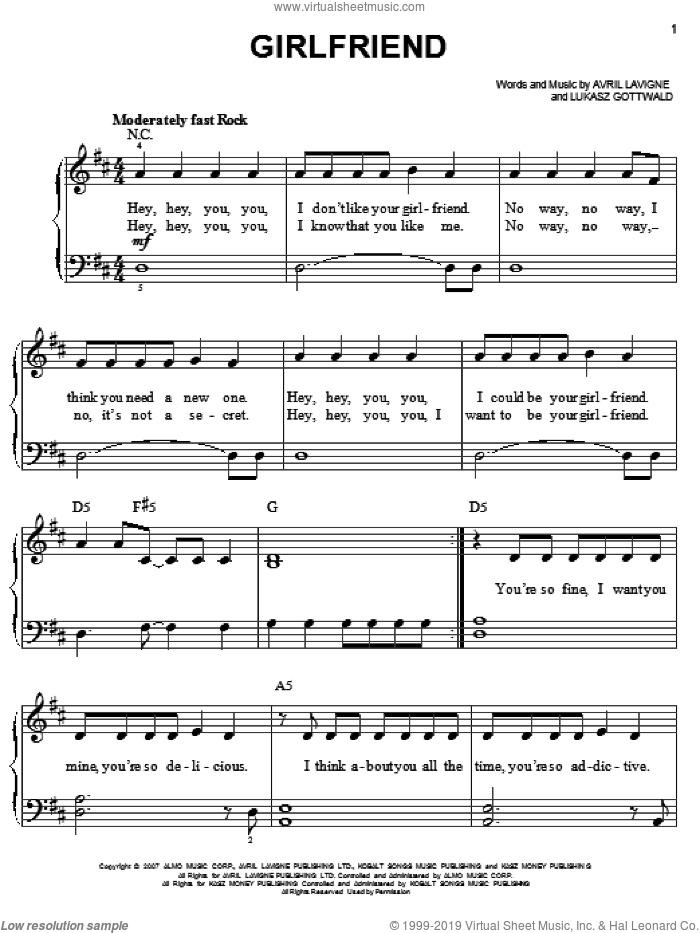 Girlfriend sheet music for piano solo by Avril Lavigne and Lukasz Gottwald, easy skill level