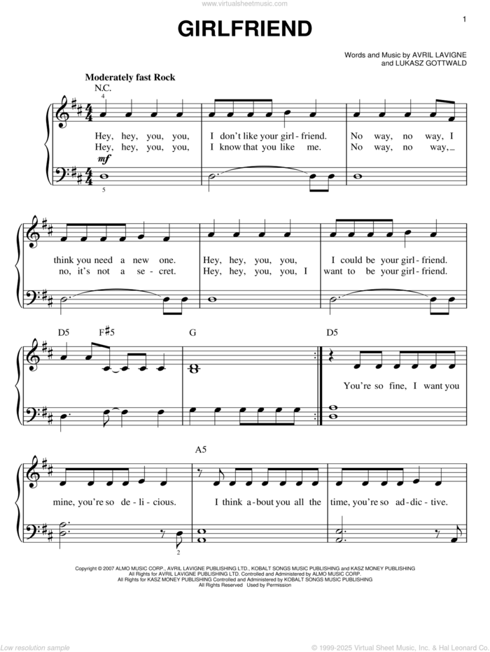 Girlfriend sheet music for piano solo by Avril Lavigne and Lukasz Gottwald, easy skill level