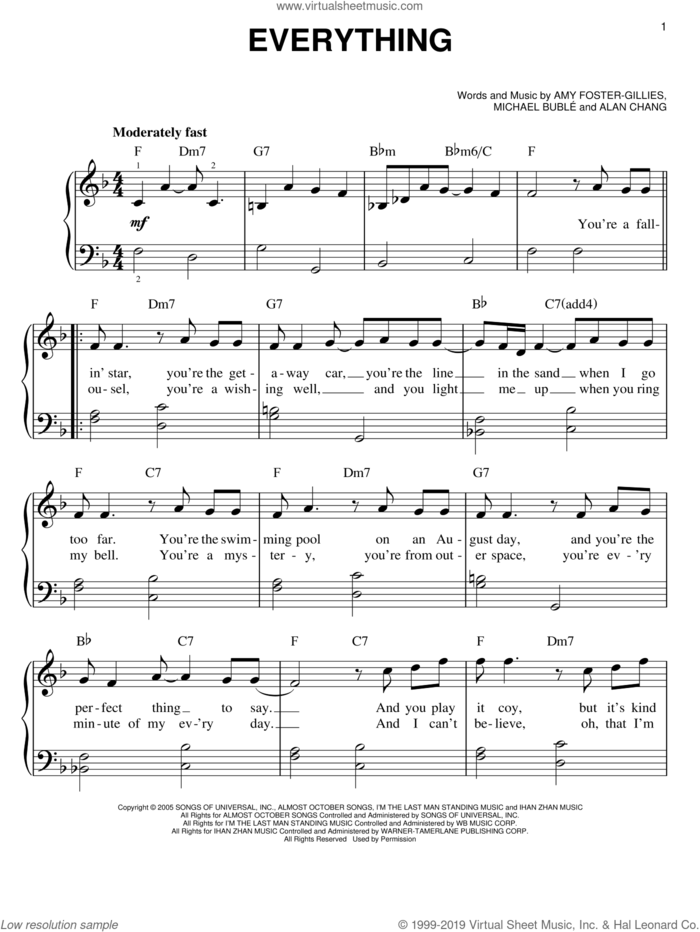 Everything sheet music for piano solo by Michael Buble, Alan Chang and Amy Foster-Gillies, easy skill level