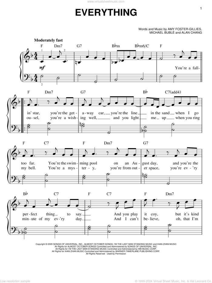 Everything, (easy) sheet music for piano solo by Michael Buble, Alan Chang and Amy Foster-Gillies, wedding score, easy skill level