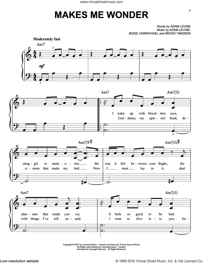 Makes Me Wonder sheet music for piano solo by Maroon 5, Adam Levine, Jesse Carmichael and Michael Madden, easy skill level
