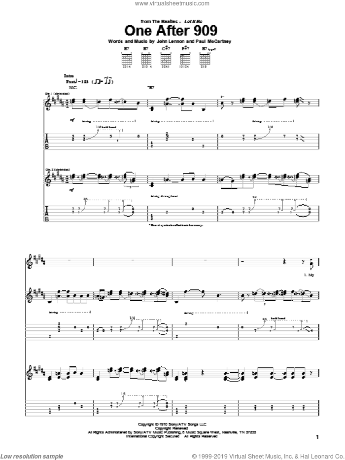 One After 909 sheet music for guitar (tablature) by The Beatles, John Lennon and Paul McCartney, intermediate skill level