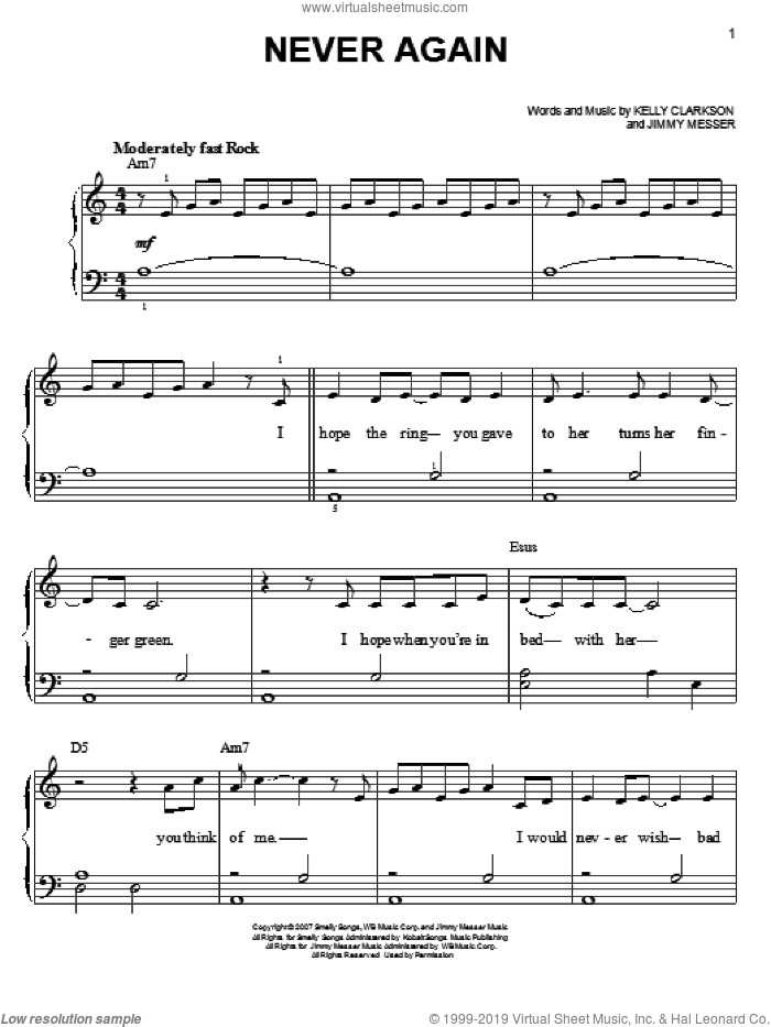 Never Again sheet music for piano solo by Kelly Clarkson and Jimmy Messer, easy skill level