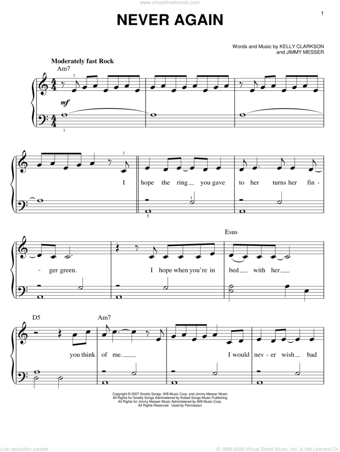 Never Again sheet music for piano solo by Kelly Clarkson and Jimmy Messer, easy skill level