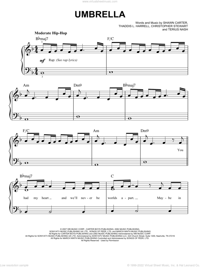 Umbrella, (easy) sheet music for piano solo by Rihanna featuring Jay-Z, Jay-Z, Rihanna, Christopher Stewart, Shawn Carter, Terius Nash and Thaddis Harrell, easy skill level