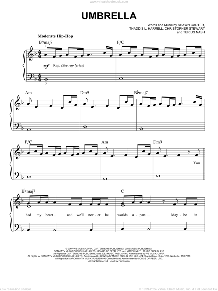 Umbrella, (easy) sheet music for piano solo by Rihanna featuring Jay-Z, Jay-Z, Rihanna, Christopher Stewart, Shawn Carter, Terius Nash and Thaddis Harrell, easy skill level